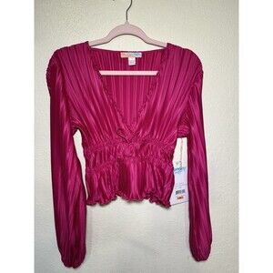 Watermelon Sugar Women‘s Top Blouse V-Neck Long Sleeve Hot Pink Size Small